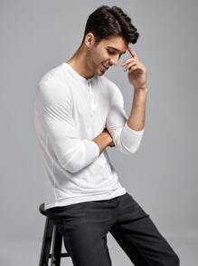 GENTILAND Hombres Camiseta con diseño de parche con botón - Blanco - Ver 5