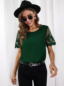Contrast Lace Solid Blouse - Dark Green - View 1