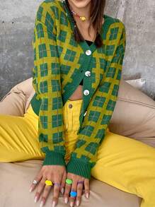 Plaid Drop Shoulder Cardigan - Multicolor - View 1