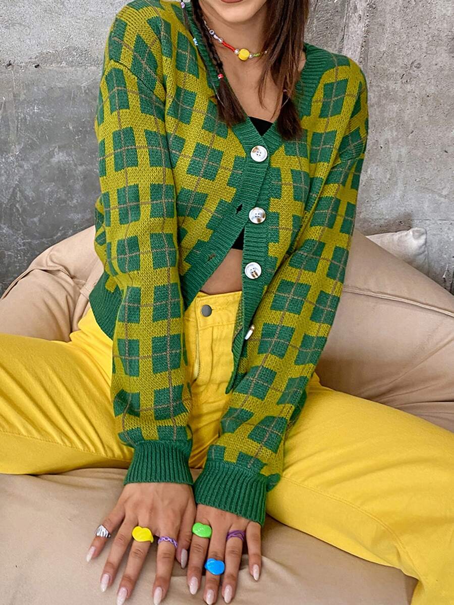 Plaid Drop Shoulder Cardigan - Multicolor - View 1