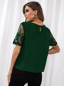 Contrast Lace Solid Blouse - Dark Green - View 2