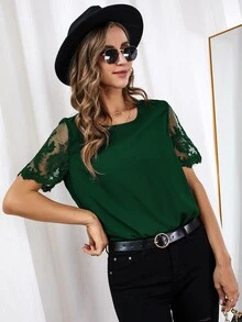Contrast Lace Solid Blouse - Dark Green - View 3