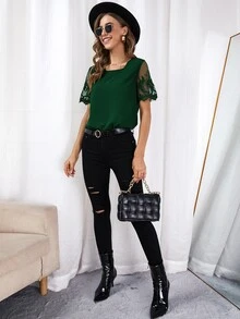 Contrast Lace Solid Blouse - Dark Green - View 4