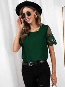 Contrast Lace Solid Blouse - Dark Green - View 5