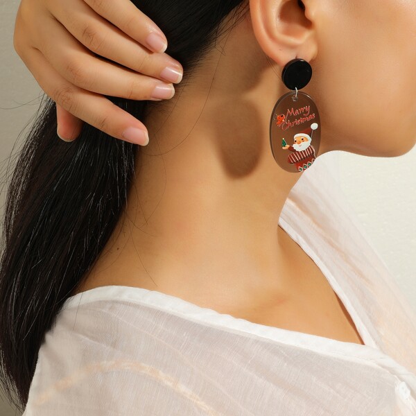 

Christmas Santa Claus Pattern Oval Drop Earrings, Coffee brown