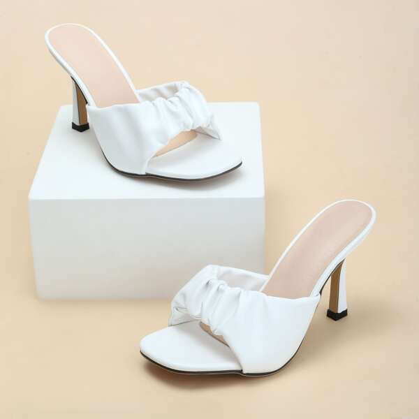 

Ruched Strap Stiletto Heeled Mule Sandals, White