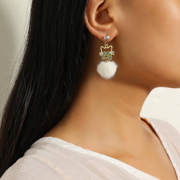 

Cat & Pom Pom Drop Earrings, White