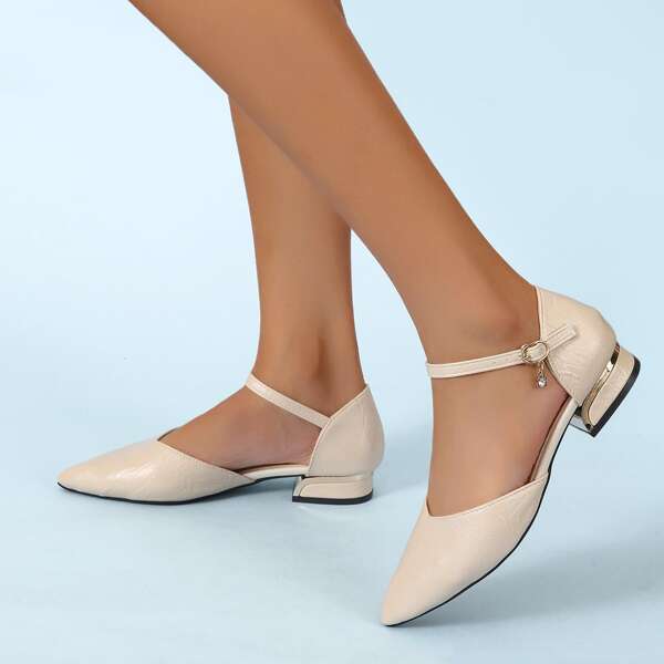 

Buckle Decor Flap Ankle Strap Flats, Beige