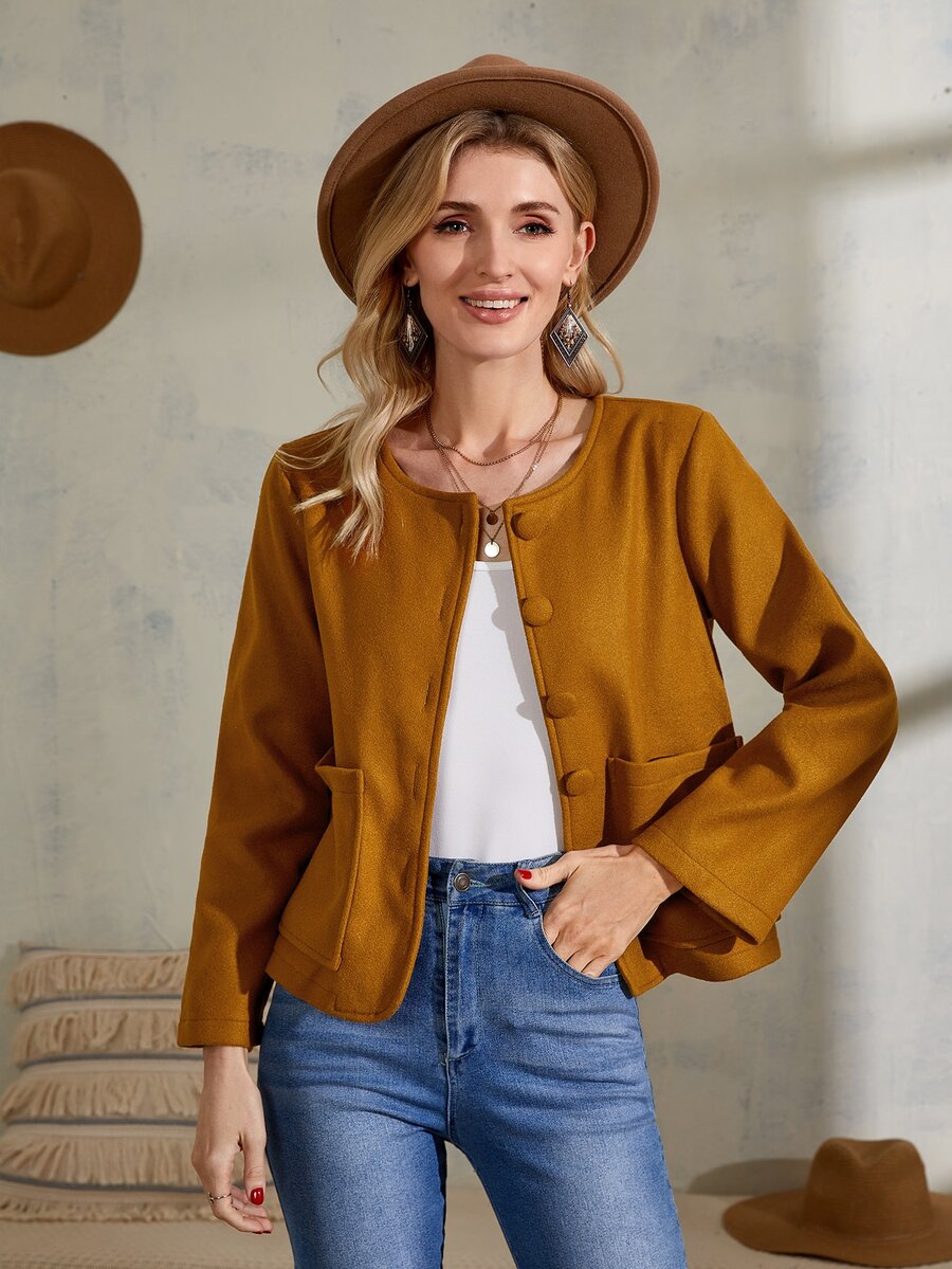 雙口袋前紐扣夾克 - 棕色 - 查看 1