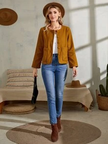 雙口袋前紐扣夾克 - 棕色 - 查看 3