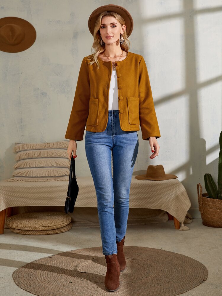 Cazadora con doble bolsillo con botón delantero - Marrón - Añade 3