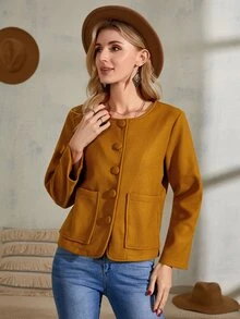 雙口袋前紐扣夾克 - 棕色 - 查看 4