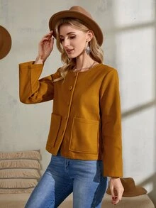 雙口袋前紐扣夾克 - 棕色 - 查看 6