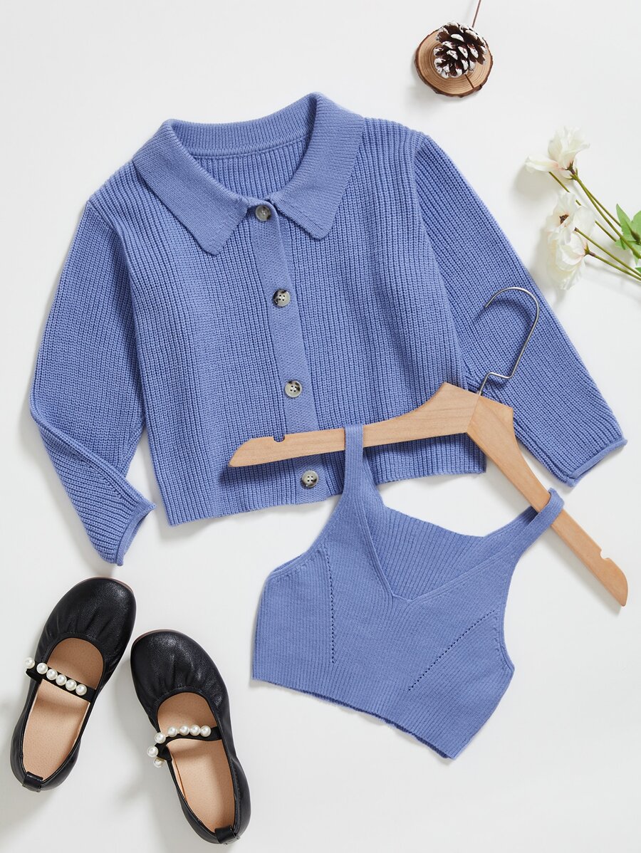 女孩素色帶針織上衣開襟衫 - 霧霾藍 - 查看 1