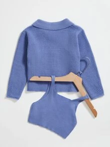 女孩素色帶針織上衣開襟衫 - 霧霾藍 - 查看 2