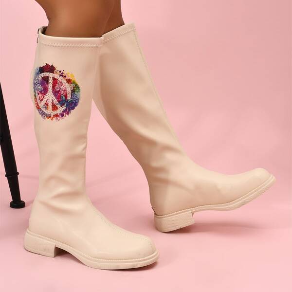 

Colorblock Floral & Butterfly Graphic Knee Boots, Beige