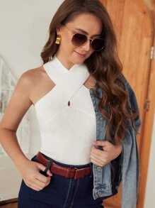 SHEIN Criss Cross Halter Knit Top - White - View 3