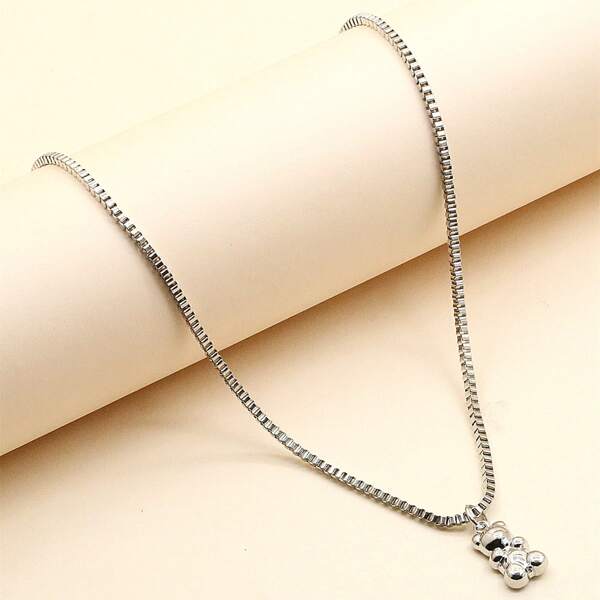 

Cartoon Bear Pendant Necklace, Silver