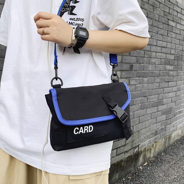 

Men Letter Graphic Buckle Decor Crossbody Bag, Black