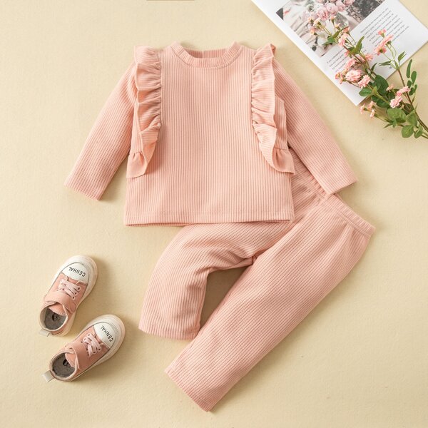 

Baby Ruffle Trim Ribbed Knit Top & Leggings, Coral pink