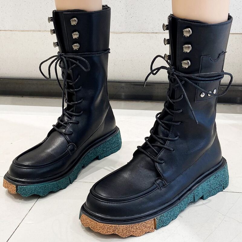

Studded Decor Lace Up Front Boots, Black