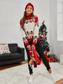 SHEIN Jersey con patrón de Navidad de cuello cisne - Multicolor - Ver 3
