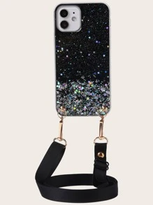 Apple Sequin Decor Phone Case With Lanyard