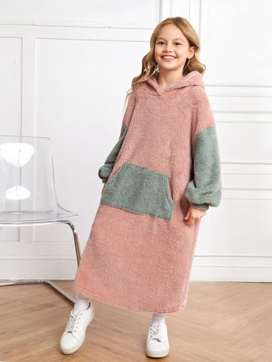 SHEIN Đầm nỉ kiểu áo ngủ hai màu vai rớt cho bé gái tuổi teen - Màu Hồng  San hô - Xem 1