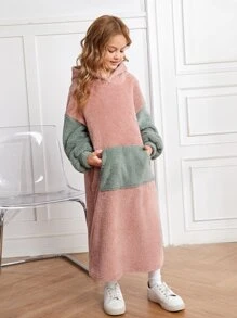 SHEIN Đầm nỉ kiểu áo ngủ hai màu vai rớt cho bé gái tuổi teen - Màu Hồng  San hô - Xem 3