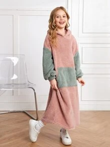 SHEIN Đầm nỉ kiểu áo ngủ hai màu vai rớt cho bé gái tuổi teen - Màu Hồng  San hô - Xem 4