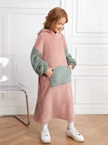 SHEIN Đầm nỉ kiểu áo ngủ hai màu vai rớt cho bé gái tuổi teen - Màu Hồng  San hô - Xem 5