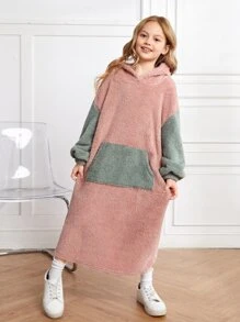 SHEIN Đầm nỉ kiểu áo ngủ hai màu vai rớt cho bé gái tuổi teen - Màu Hồng  San hô - Xem 6
