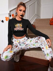 ROMWE PUNK Camiseta corta con estampado de halloween con cordón fruncido lateral - Negro - Ver 2