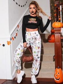 ROMWE PUNK Camiseta corta con estampado de halloween con cordón fruncido lateral - Negro - Ver 5