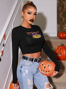 PUNK Áo thun nữ Lễ Các Thánh Lá thư Giải trí - màu đen - Xem 2