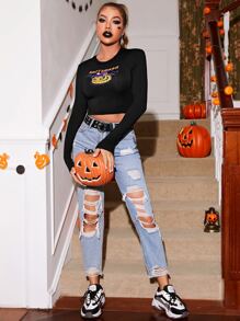 PUNK Áo thun nữ Lễ Các Thánh Lá thư Giải trí - màu đen - Xem 4