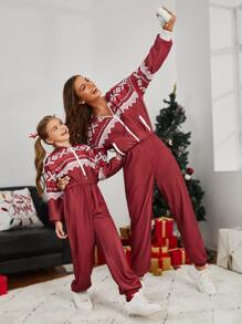 SHEIN Unity 1pc Geo Print Zip Up Drop Shoulder Drawstring Hooded Jumpsuit - Red and White - View 4