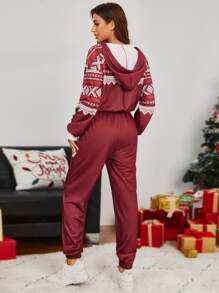 SHEIN Unity 1pc Geo Print Zip Up Drop Shoulder Drawstring Hooded Jumpsuit - Red and White - View 3