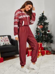 SHEIN Unity 1pc Geo Print Zip Up Drop Shoulder Drawstring Hooded Jumpsuit - Red and White - View 2