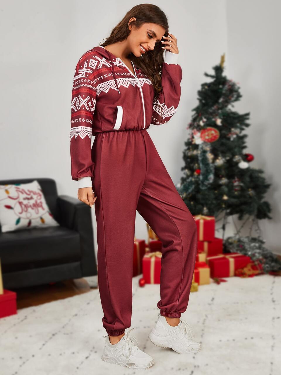 1pc Geo Print Zip Up Drop Shoulder Drawstring Hooded Jumpsuit
