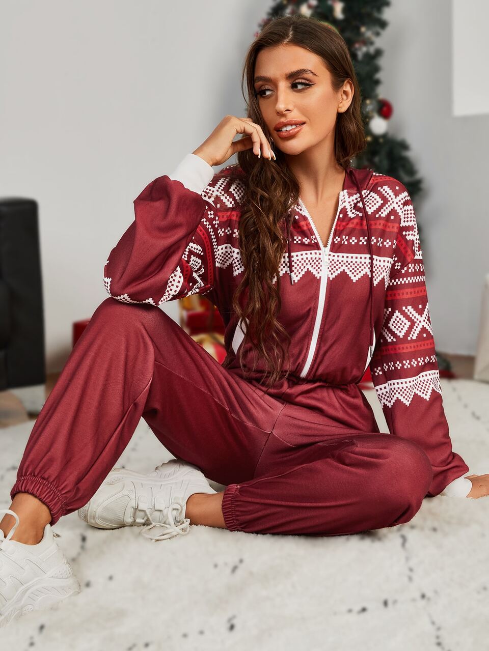 1pc Geo Print Zip Up Drop Shoulder Drawstring Hooded Jumpsuit