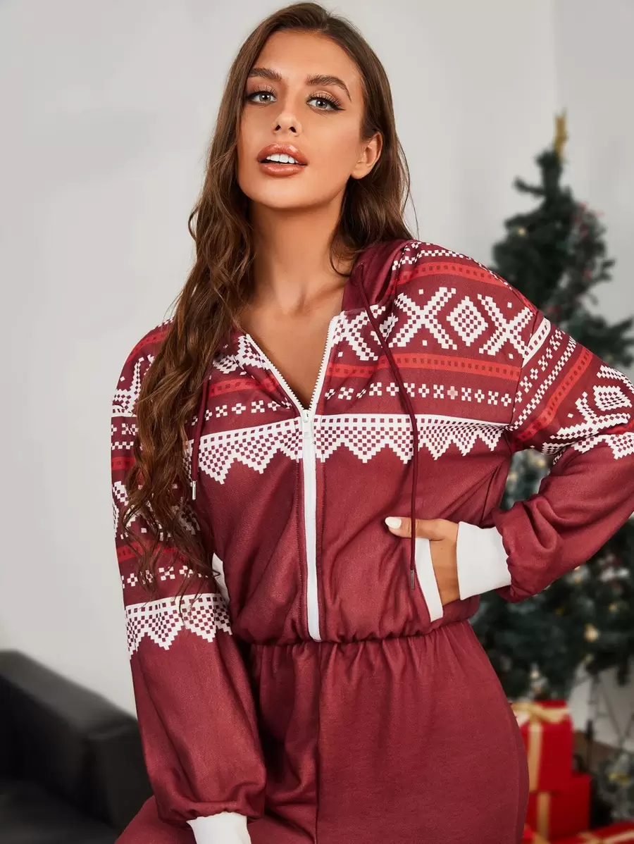 SHEIN Unity 1pc Geo Print Zip Up Drop Shoulder Drawstring Hooded Jumpsuit - Red and White - View 1