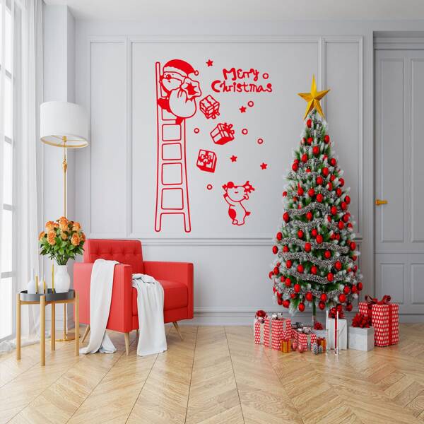 

1set Christmas Santa Claus Print Wall Sticker, Multicolor