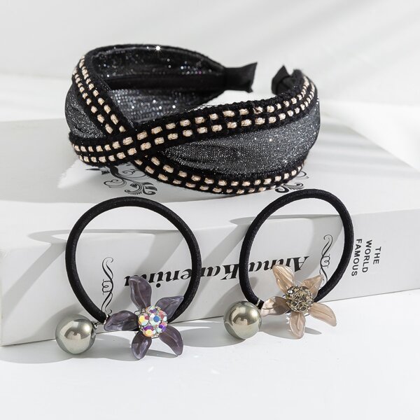 

2pcs Flower Decor Hair Tie & Headband, Black