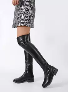 Women's Classic Solid Color Boots, Elastic Pull-On Stovepipe Boots With Short Chunky Heels, Stretch Slim Fit Over-The-Knee Fashionable And Comfortable Shoes - Black - View 4