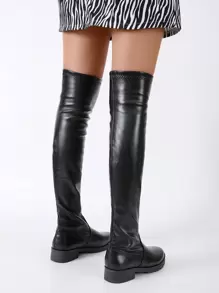 Women's Classic Solid Color Boots, Elastic Pull-On Stovepipe Boots With Short Chunky Heels, Stretch Slim Fit Over-The-Knee Fashionable And Comfortable Shoes - Black - View 2