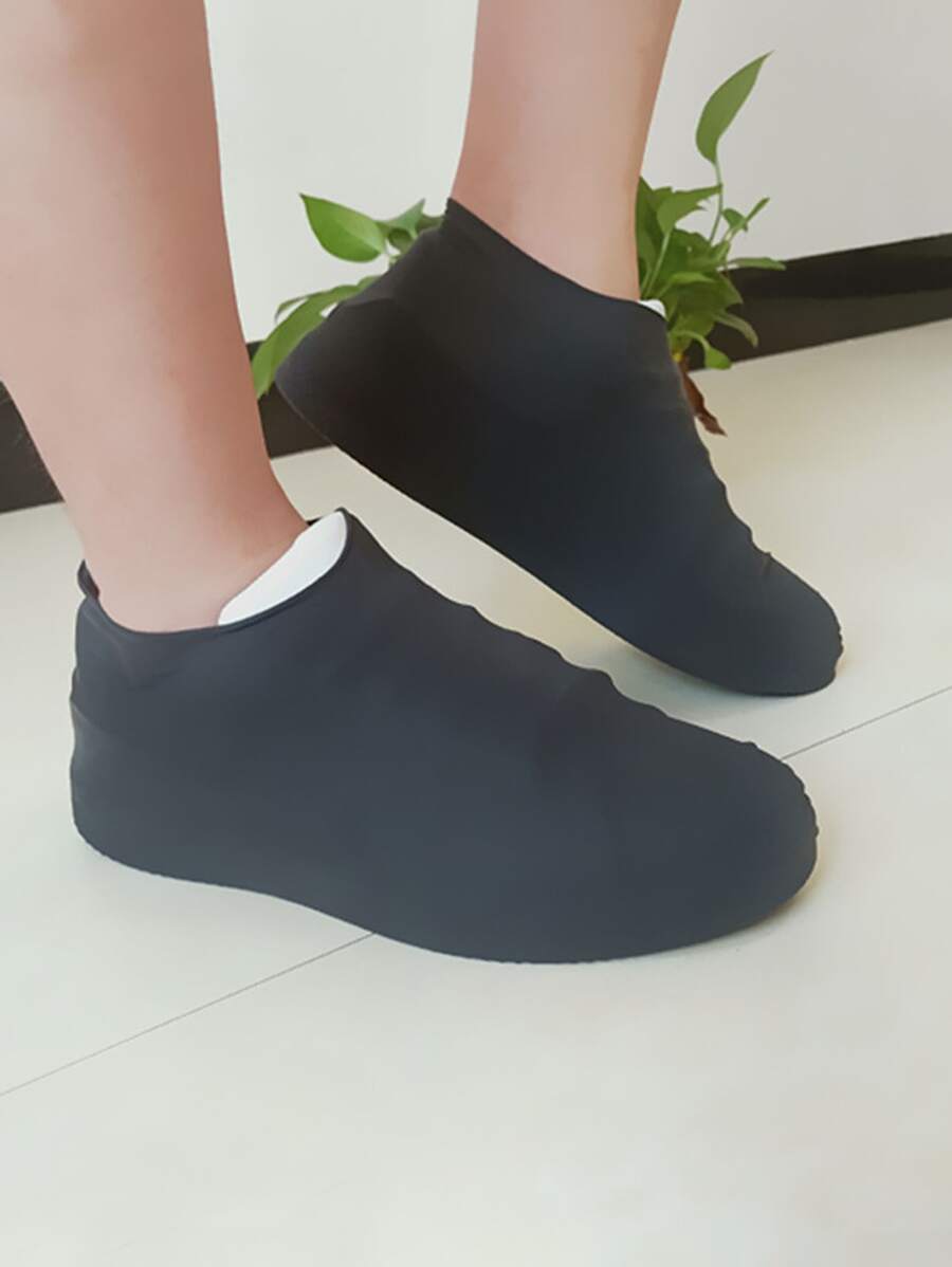 1pair Plain Rain Boots Cover, Black Reusable Shoes Cover For Outdoor - Black - View 1