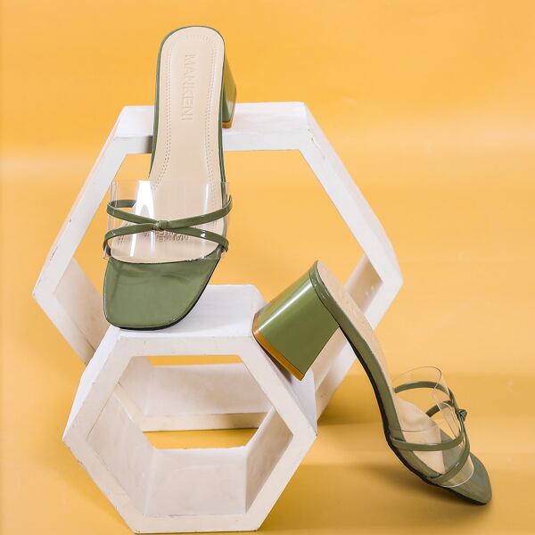 

Clear Cross Strap Chunky Heeled Mules, Green