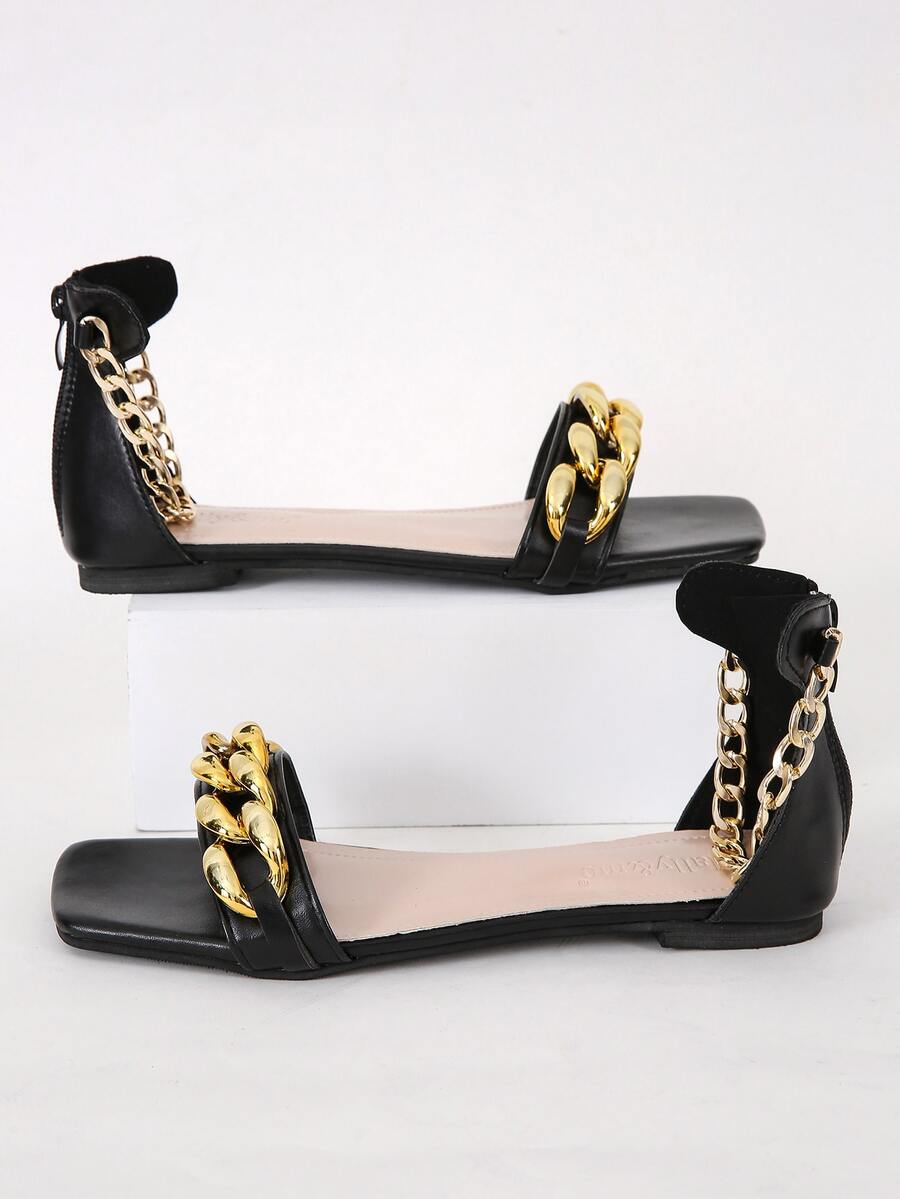 Chain Decor Ankle Strap Sandals - Black - View 1