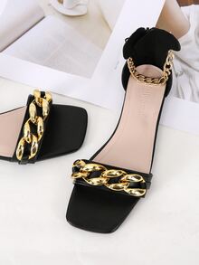 Chain Decor Ankle Strap Sandals - Black - View 2